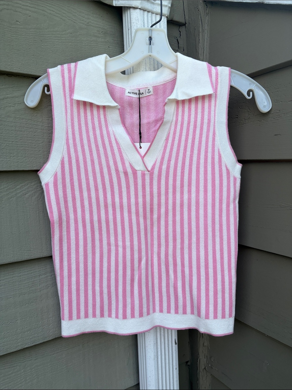 NWT Active USA Pink & White Striped Sleeveless Knit Polo Tank. Sz M. So cute!